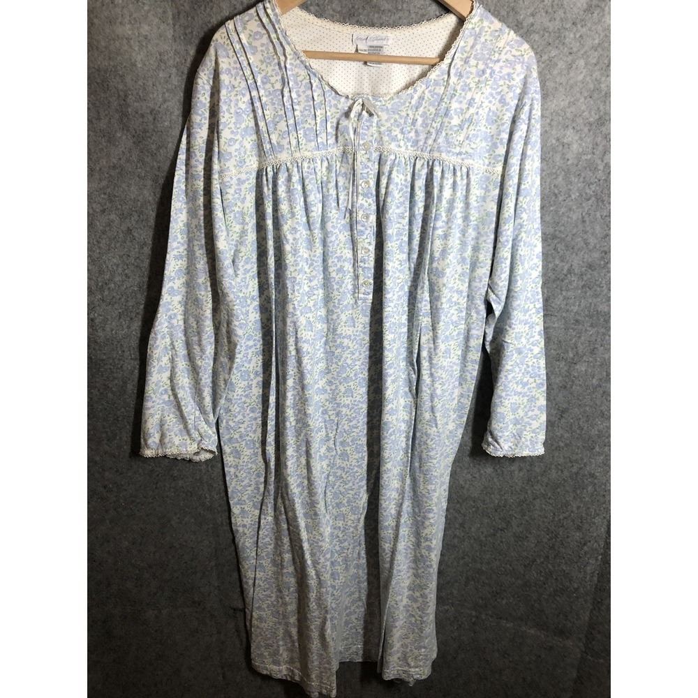 Vintage Miss Elaine Nightgown 2XL Blue Floral Pintucks Lace Modest Cottage